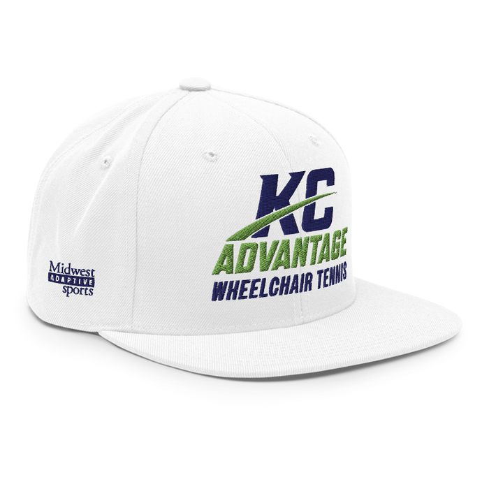 Front right angle of the MAS Kansas City Advantage Wheelchair Tennis Wordmark White Flat Bill Snapback against a white background