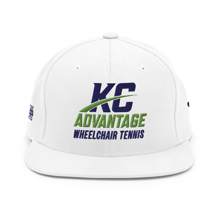 Front angle of the MAS Kansas City Advantage Wheelchair Tennis Wordmark White Flat Bill Snapback against a white background