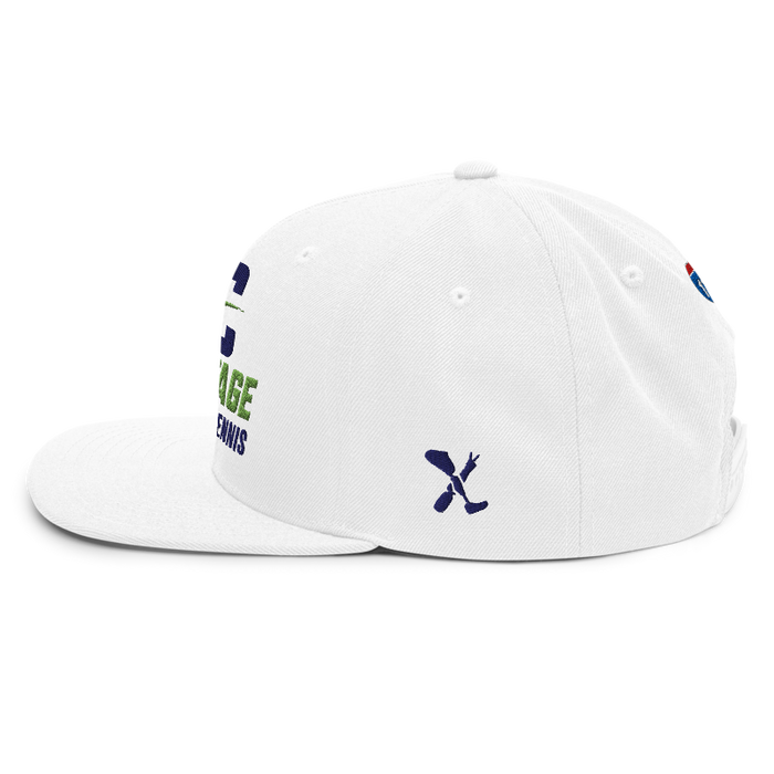 Left angle of the MAS Kansas City Advantage Wheelchair Tennis Wordmark White Flat Bill Snapback against a white background