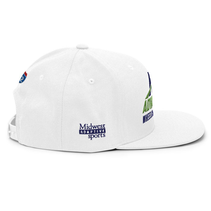 Right angle of the MAS Kansas City Advantage Wheelchair Tennis Wordmark White Flat Bill Snapback against a white background