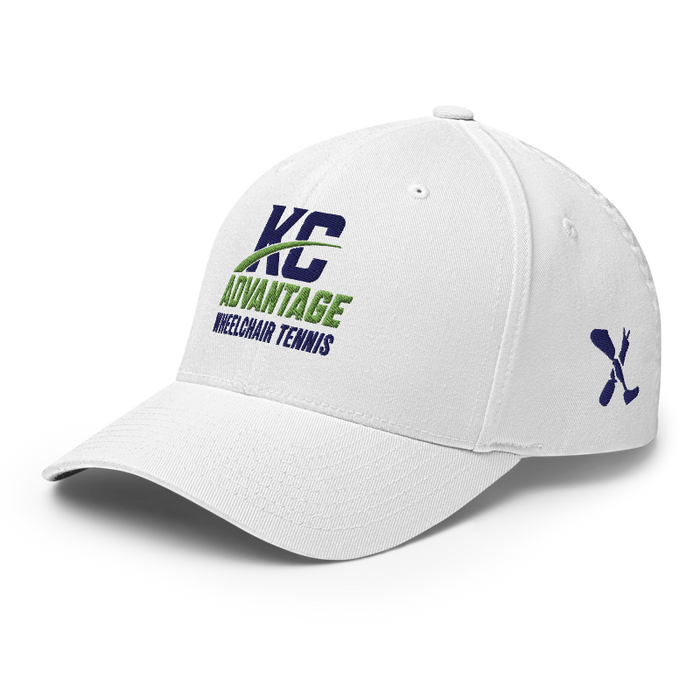 Front left angle of the MAS Kansas City Advantage Wheelchair Tennis Wordmark White Flexfit Curved Bill Fitted against a white background