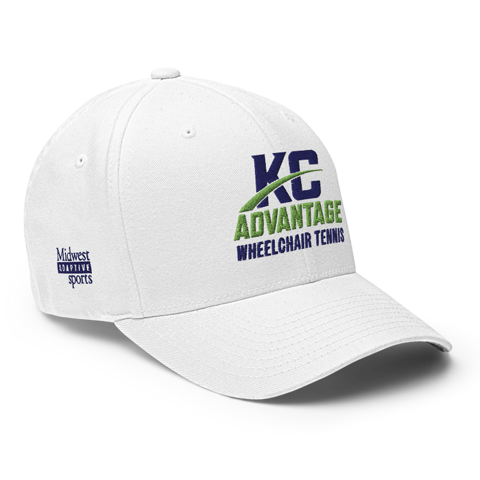 Front right angle of the MAS Kansas City Advantage Wheelchair Tennis Wordmark White Flexfit Curved Bill Fitted against a white background