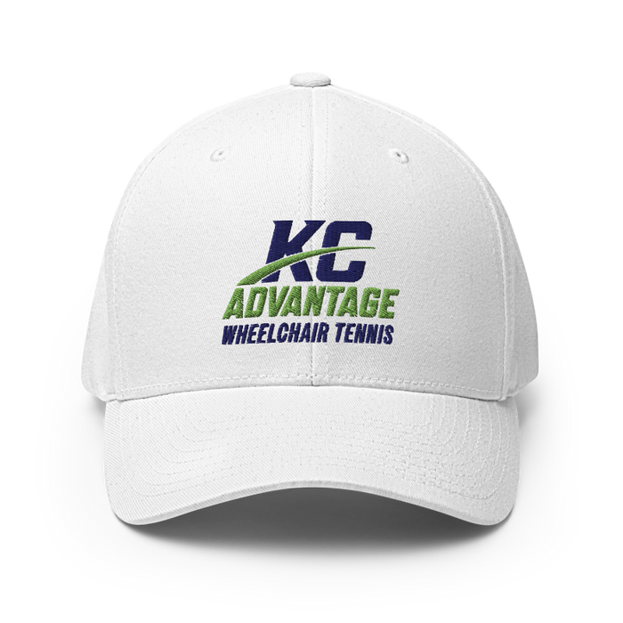 Front angle of the MAS Kansas City Advantage Wheelchair Tennis Wordmark White Flexfit Curved Bill Fitted against a white background