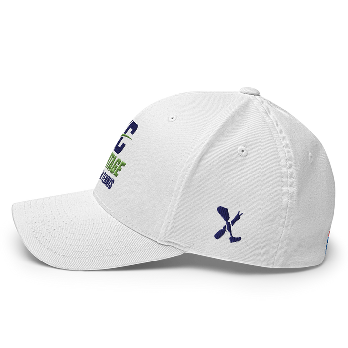 Left angle of the MAS Kansas City Advantage Wheelchair Tennis Wordmark White Flexfit Curved Bill Fitted against a white background