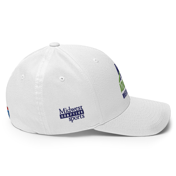 Right angle of the MAS Kansas City Advantage Wheelchair Tennis Wordmark White Flexfit Curved Bill Fitted against a white background