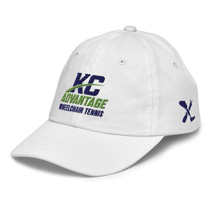 Front left angle of the MAS Kansas City Advantage Wheelchair Tennis Wordmark White Youth Dad Hat against a white background