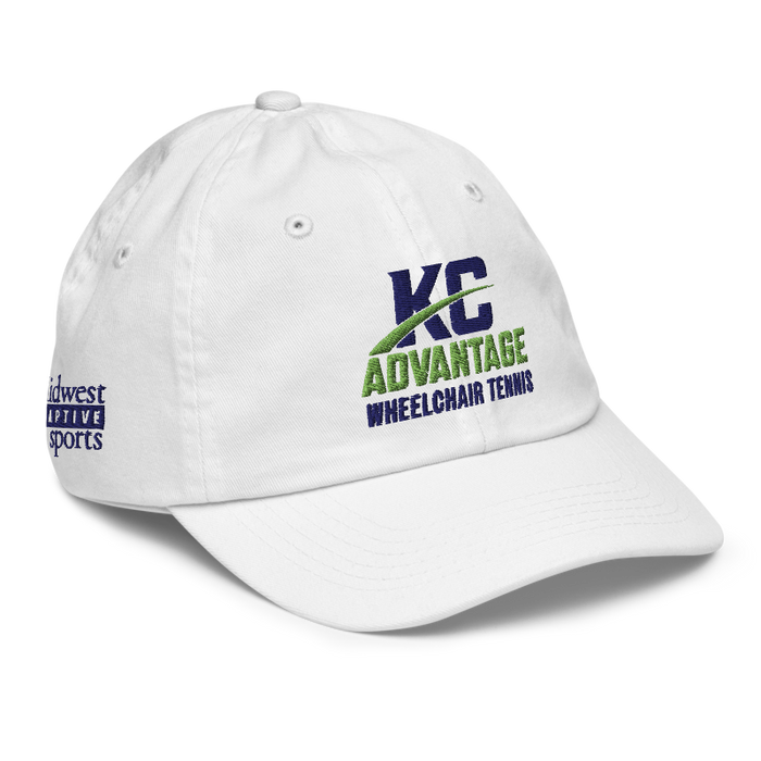 Front right angle of the MAS Kansas City Advantage Wheelchair Tennis Wordmark White Youth Dad Hat against a white background