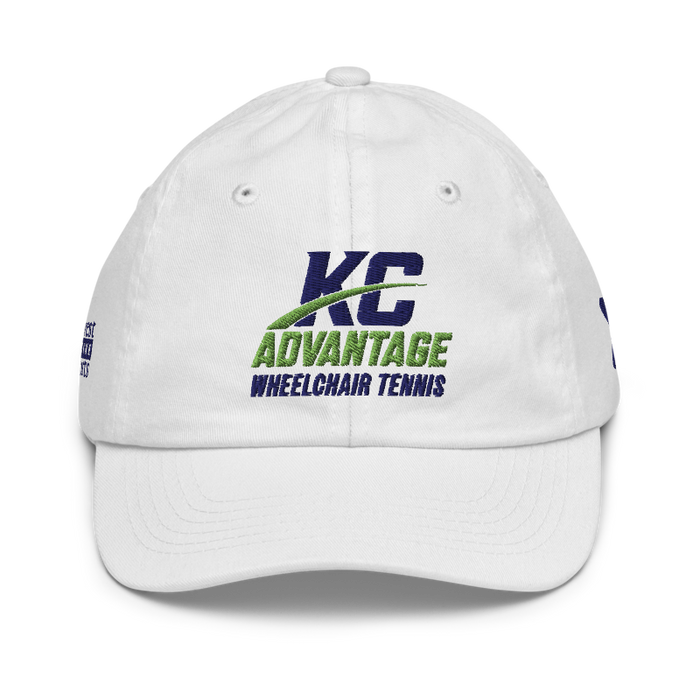Front angle of the MAS Kansas City Advantage Wheelchair Tennis Wordmark White Youth Dad Hat against a white background