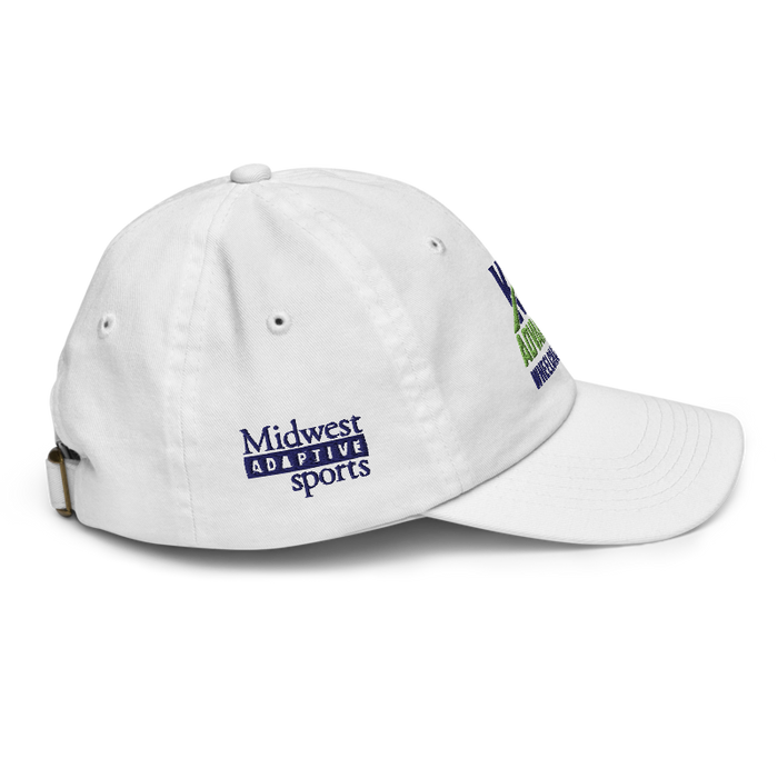 Right angle of the MAS Kansas City Advantage Wheelchair Tennis Wordmark White Youth Dad Hat against a white background