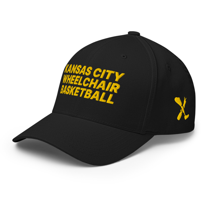 Front left angle of the MAS Kansas City Kings Wheelchair Basketball Black Flexfit Curved Bill Fitted against a white background
