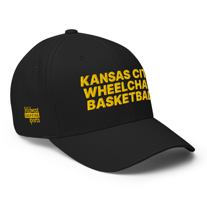 Front right angle of the MAS Kansas City Kings Wheelchair Basketball Black Flexfit Curved Bill Fitted against a white background