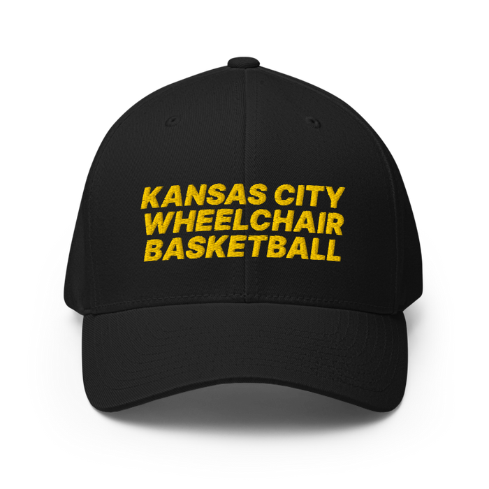 Front angle of the MAS Kansas City Kings Wheelchair Basketball Black Flexfit Curved Bill Fitted against a white background