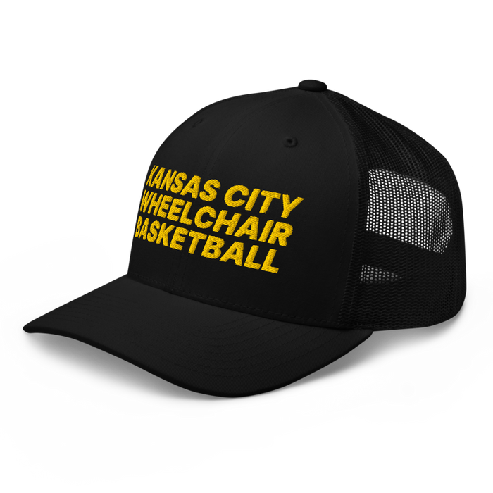 Front left angle of the MAS Kansas City Kings Wheelchair Basketball Black Curved Bill Trucker Snapback against a white background