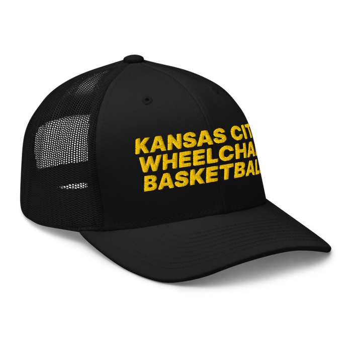 Front right angle of the MAS Kansas City Kings Wheelchair Basketball Black Curved Bill Trucker Snapback against a white background
