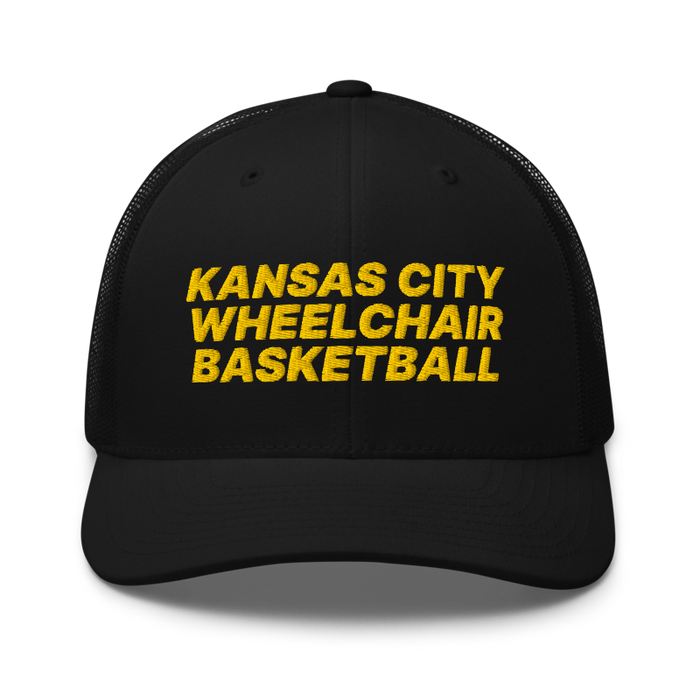 Front angle of the MAS Kansas City Kings Wheelchair Basketball Black Curved Bill Trucker Snapback against a white background