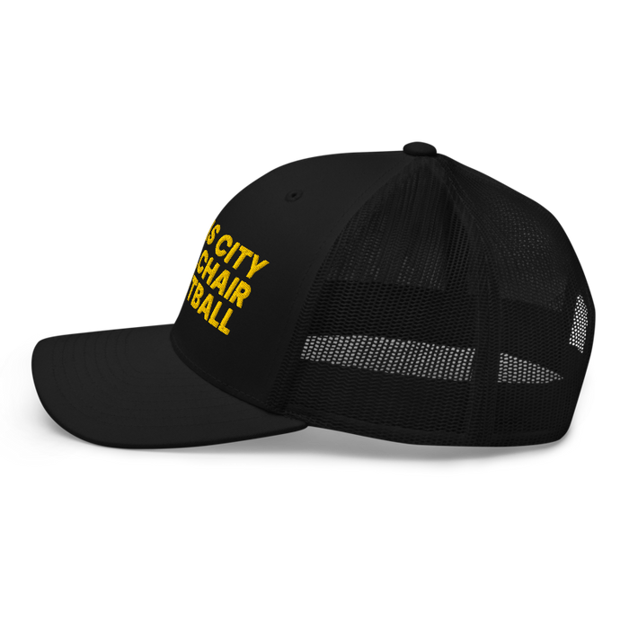 Left side angle of the MAS Kansas City Kings Wheelchair Basketball Black Curved Bill Trucker Snapback against a white background
