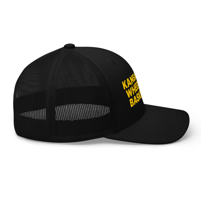 Right side angle of the MAS Kansas City Kings Wheelchair Basketball Black Curved Bill Trucker Snapback against a white background