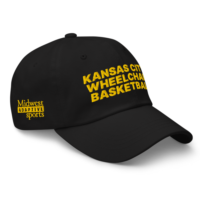 Front right angle of the MAS Kansas City Kings Wheelchair Basketball Black Dad Hat against a white background