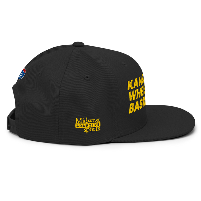 Right side angle of the MAS Kansas City Kings Wheelchair Basketball Black Flat Bill Snapback against a white background