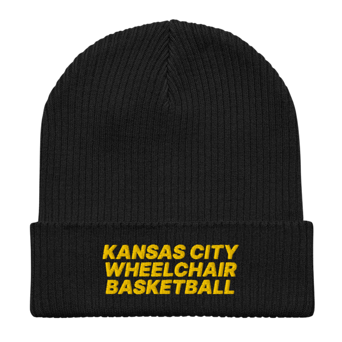 Front angle of the MAS Kansas City Kings Wheelchair Basketball Black Organic Beanie laid flat against a white background