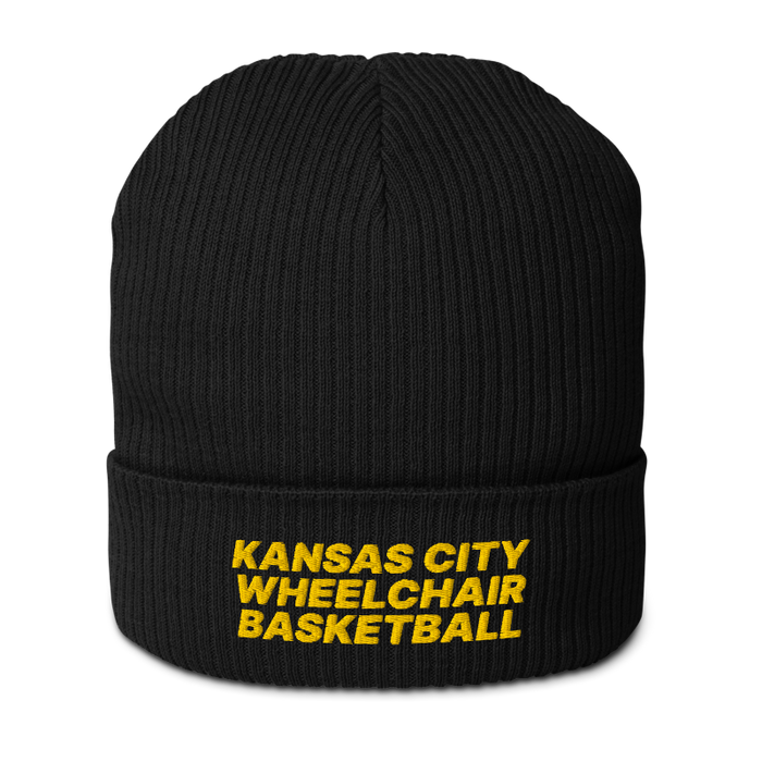 Front angle of the MAS Kansas City Kings Wheelchair Basketball Black Organic Beanie against a white background