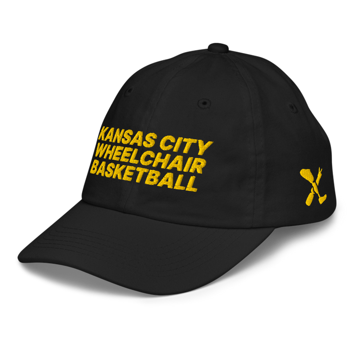 Front left angle of the MAS Kansas City Kings Wheelchair Basketball Black Youth Dad Hat against a white background