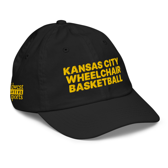 Front right angle of the MAS Kansas City Kings Wheelchair Basketball Black Youth Dad Hat against a white background