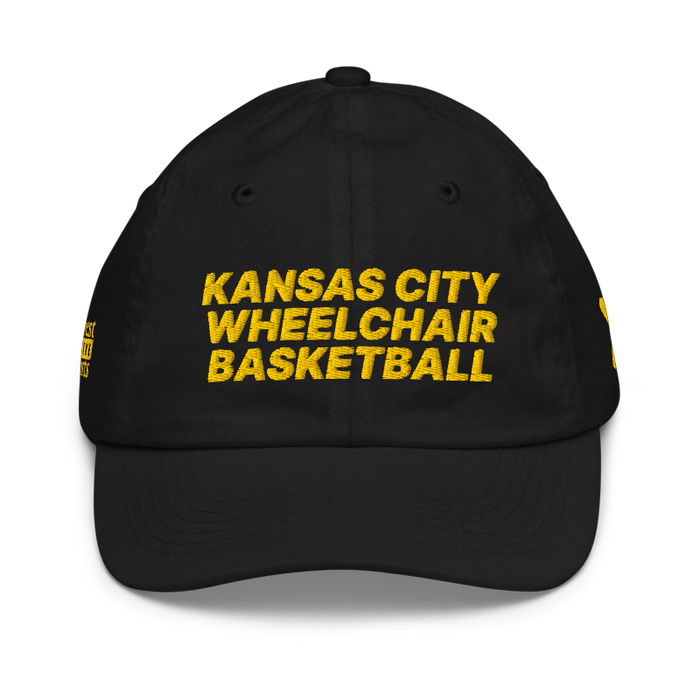 Front angle of the MAS Kansas City Kings Wheelchair Basketball Black Youth Dad Hat against a white background