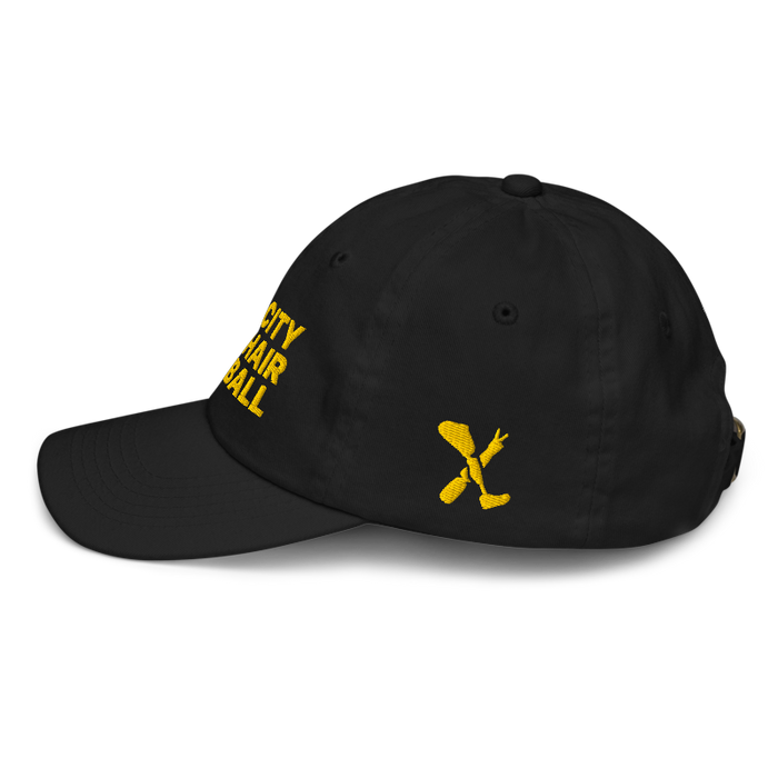 Left side angle of the MAS Kansas City Kings Wheelchair Basketball Black Youth Dad Hat against a white background