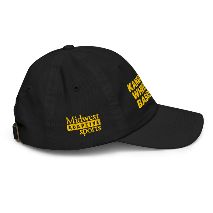 Right side angle of the MAS Kansas City Kings Wheelchair Basketball Black Youth Dad Hat against a white background