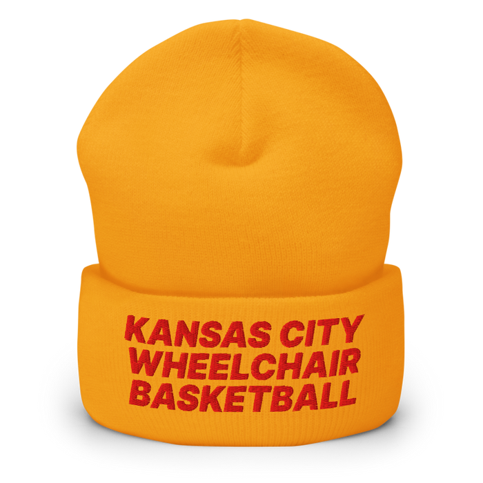 Front angle of the MAS Kansas City Kings Wheelchair Basketball Gold Beanie against a white background