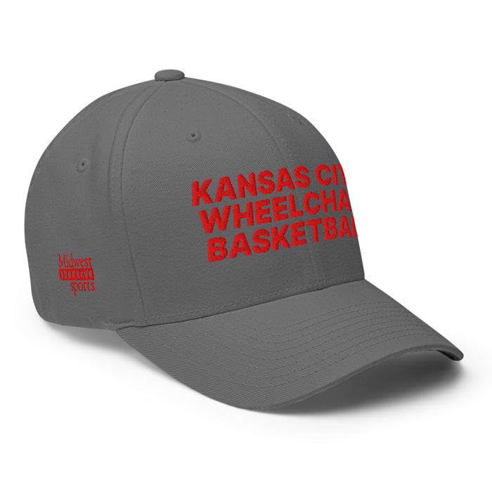Front right angle of the MAS Kansas City Kings Wheelchair Basketball Grey Flexfit Curved Bill Fitted against a white background