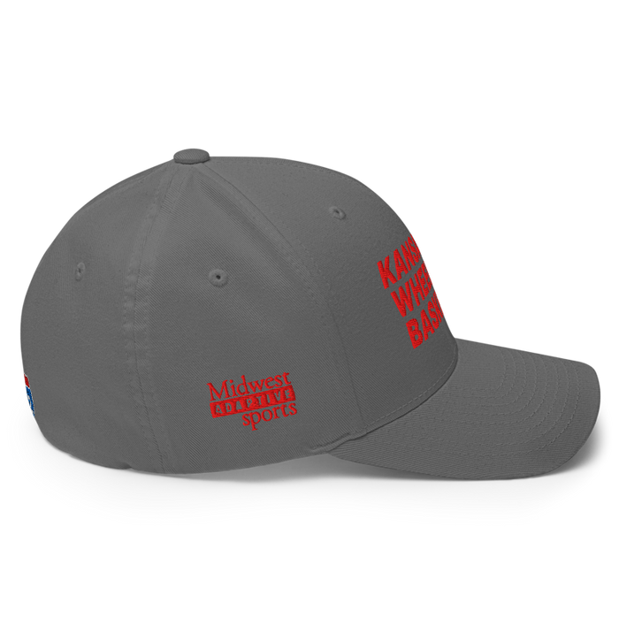 Right side angle of the MAS Kansas City Kings Wheelchair Basketball Grey Flexfit Curved Bill Fitted against a white background