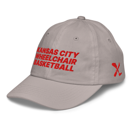 Front left angle of the MAS Kansas City Kings Wheelchair Basketball Grey Youth Dad Hat against a white background