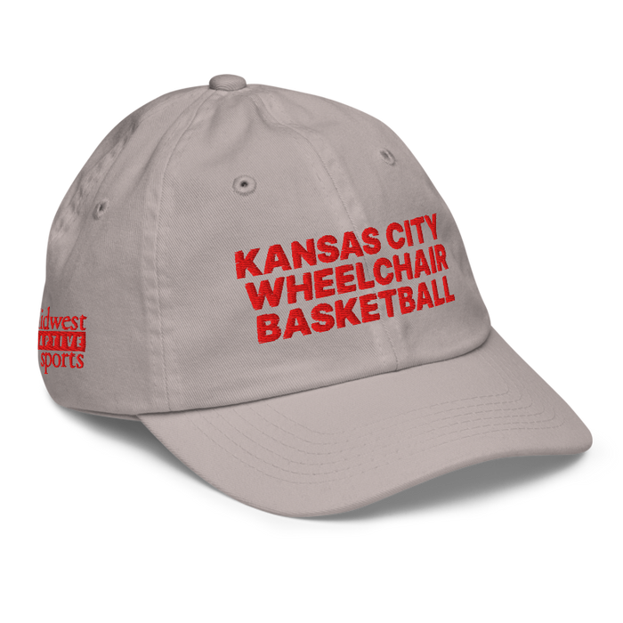 Front right angle of the MAS Kansas City Kings Wheelchair Basketball Grey Youth Dad Hat against a white background