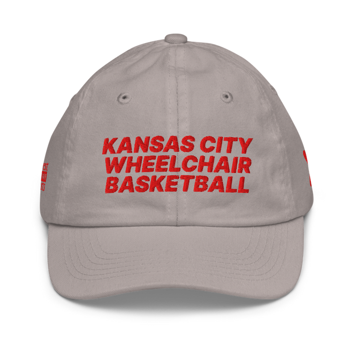 Front angle of the MAS Kansas City Kings Wheelchair Basketball Grey Youth Dad Hat against a white background