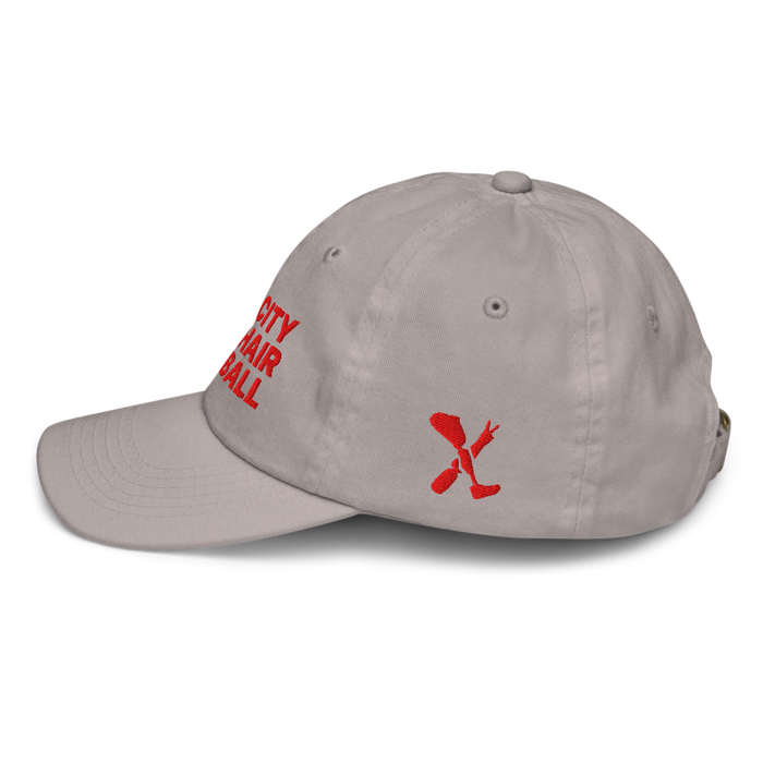 Left side angle of the MAS Kansas City Kings Wheelchair Basketball Grey Youth Dad Hat against a white background