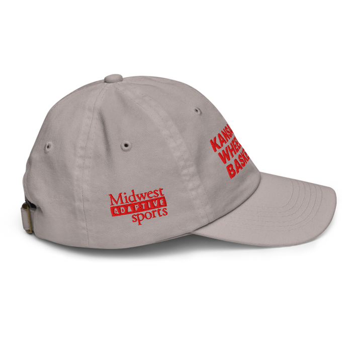 Right side angle of the MAS Kansas City Kings Wheelchair Basketball Grey Youth Dad Hat against a white background