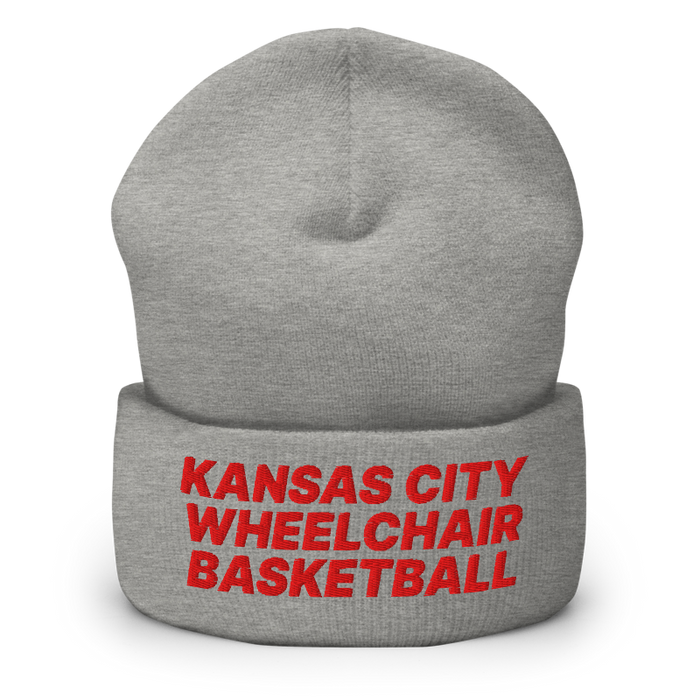 Front angle of the MAS Kansas City Kings Wheelchair Basketball Heather Grey Beanie against a white background