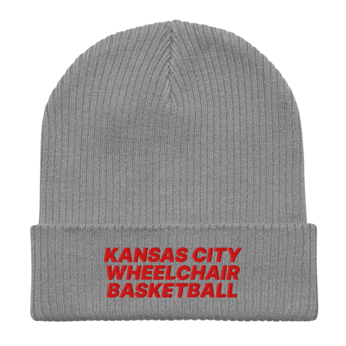 Front angle of the MAS Kansas City Kings Wheelchair Basketball Light Grey Organic Beanie laid flat against a white background
