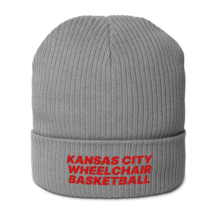 Front angle of the MAS Kansas City Kings Wheelchair Basketball Light Grey Organic Beanie against a white background