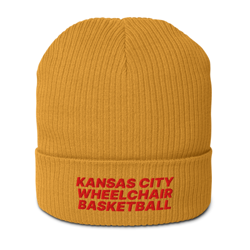 Front angle of the MAS Kansas City Kings Wheelchair Basketball Mustard Yellow Organic Beanie against a white background
