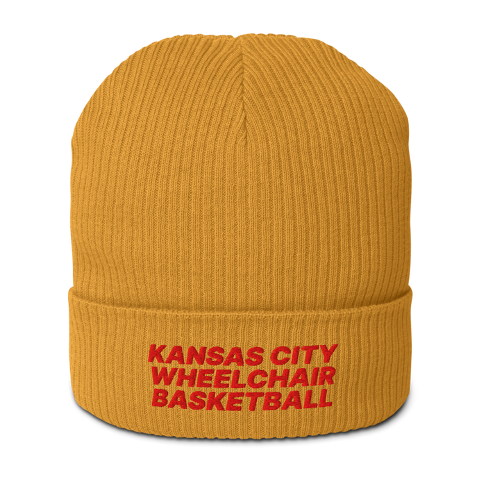 Front angle of the MAS Kansas City Kings Wheelchair Basketball Mustard Yellow Organic Beanie against a white background