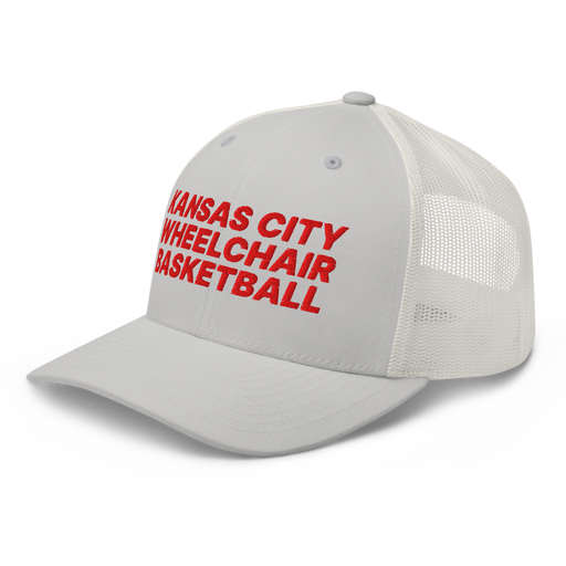 Front left angle of the MAS Kansas City Kings Wheelchair Basketball Silver Curved Bill Trucker Snapback against a white background