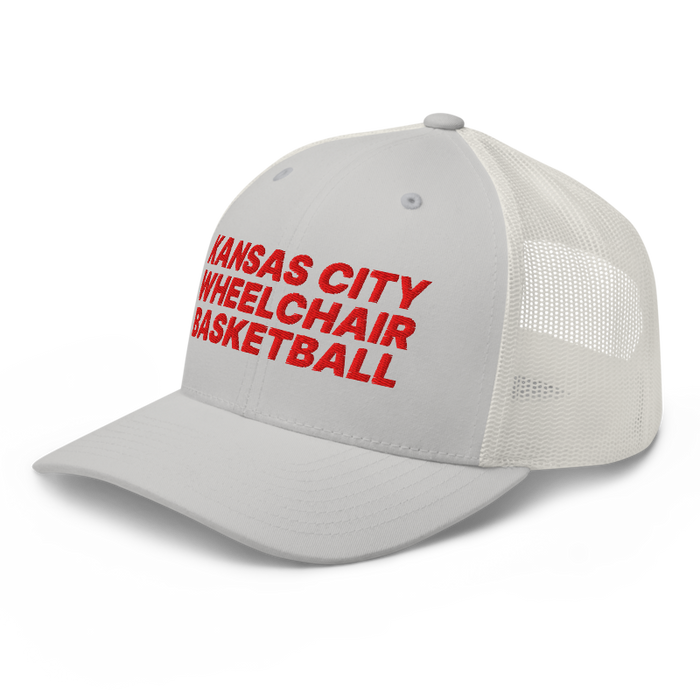Front left angle of the MAS Kansas City Kings Wheelchair Basketball Silver Curved Bill Trucker Snapback against a white background