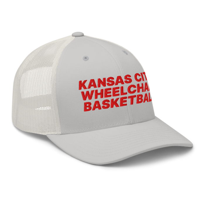 Front right angle of the MAS Kansas City Kings Wheelchair Basketball Silver Curved Bill Trucker Snapback against a white background