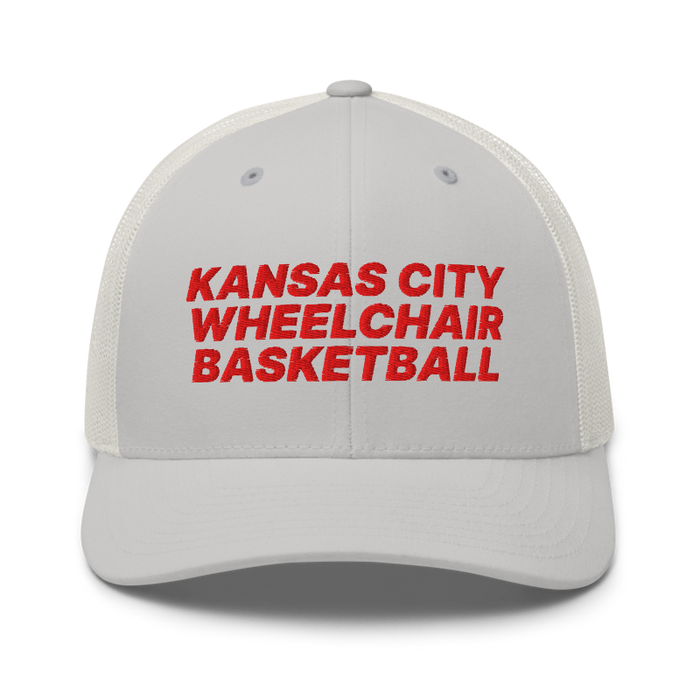 Front angle of the MAS Kansas City Kings Wheelchair Basketball Silver Curved Bill Trucker Snapback against a white background