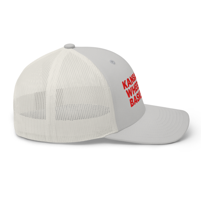 Right side angle of the MAS Kansas City Kings Wheelchair Basketball Silver Curved Bill Trucker Snapback against a white background