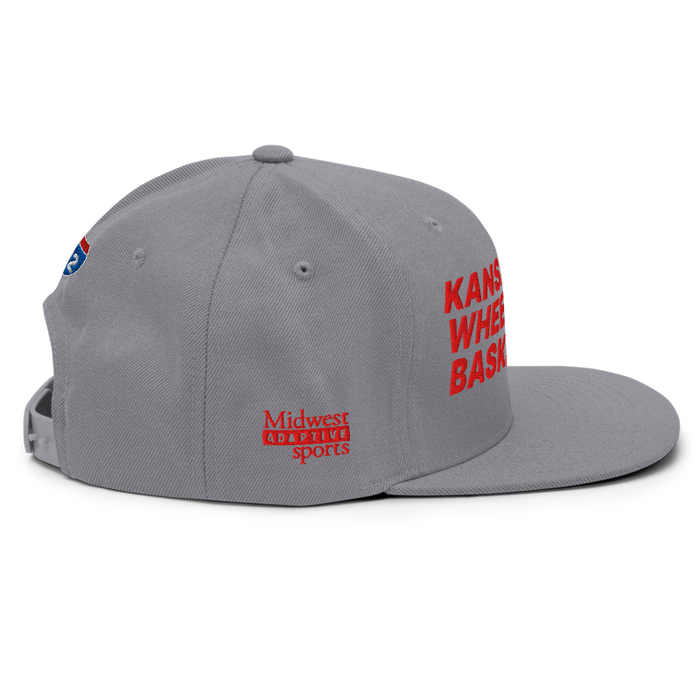 Right side angle of the MAS Kansas City Kings Wheelchair Basketball Silver Flat Bill Snapback against a white background