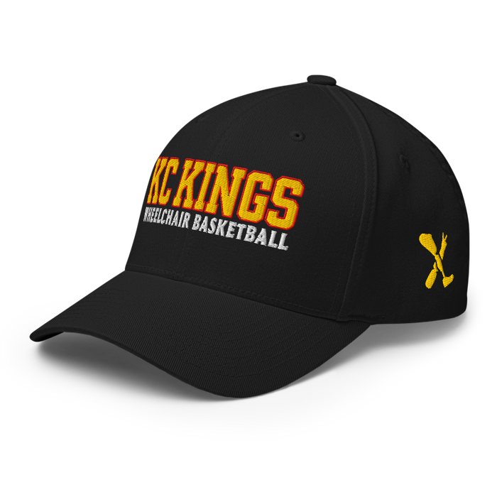 Front left angle of the MAS Kansas City Kings Wheelchair Basketball KC Kings Black Flexfit Curved Bill Fitted against a white background